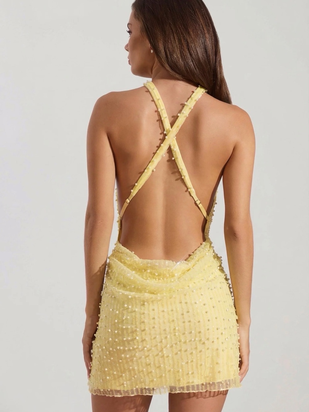 Oh Polly Yellow Beaded Cross Halter Mini Dress - Picture 2 of 2